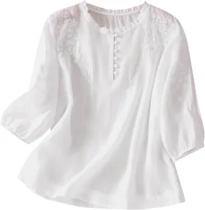 Womens Cotton Linen Tops Floral Embroidery Short Sleeve Button Down Boho Shirts Vintage Casual Summer Vacation Blouse