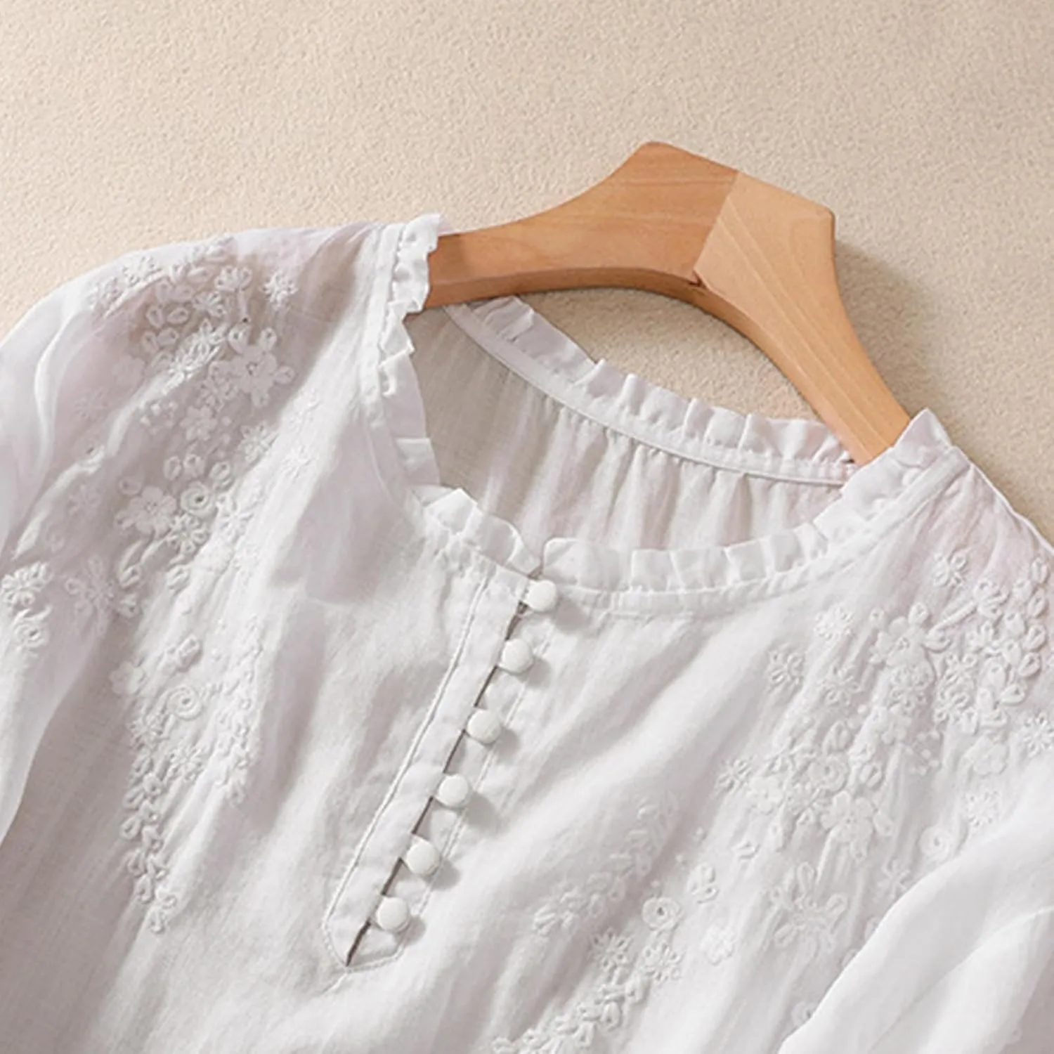 Womens Cotton Linen Tops Floral Embroidery Short Sleeve Button Down Boho Shirts Vintage Casual Summer Vacation Blouse