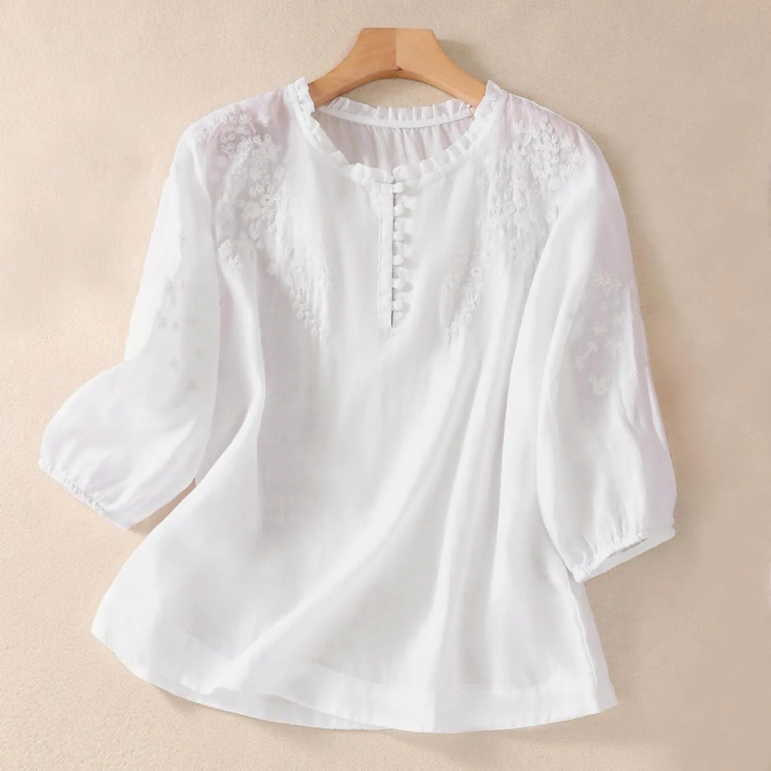 Womens Cotton Linen Tops Floral Embroidery Short Sleeve Button Down Boho Shirts Vintage Casual Summer Vacation Blouse