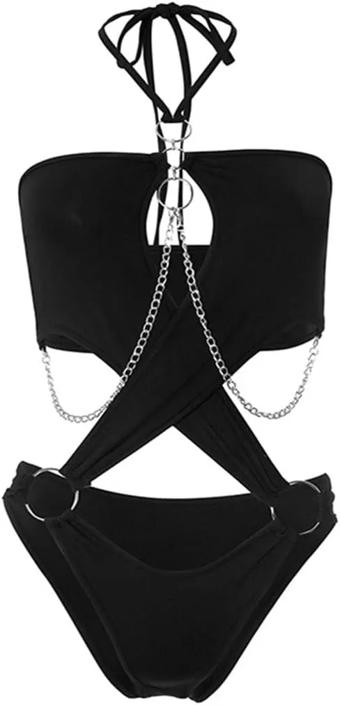 Women's Cut Out One Piece Jumpsuit Ring Backless Strappy Halter Lingerie Bodysuit Top Silver Chain Bottom Nightclub Bikini