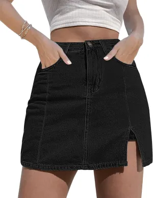 Womens Denim Mini Trendy High Waisted Jean Skirts, High Waisted Pull On Stretchy Denim Wrap Skirt with Shorts