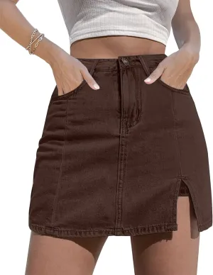 Womens Denim Mini Trendy High Waisted Jean Skirts, High Waisted Pull On Stretchy Denim Wrap Skirt with Shorts