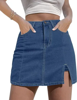 Womens Denim Mini Trendy High Waisted Jean Skirts, High Waisted Pull On Stretchy Denim Wrap Skirt with Shorts