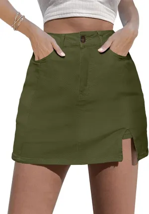 Womens Denim Mini Trendy High Waisted Jean Skirts, High Waisted Pull On Stretchy Denim Wrap Skirt with Shorts