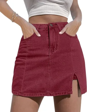 Womens Denim Mini Trendy High Waisted Jean Skirts, High Waisted Pull On Stretchy Denim Wrap Skirt with Shorts