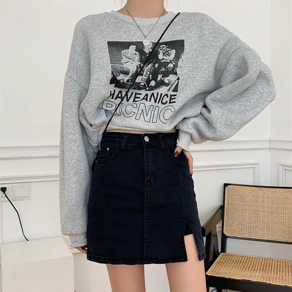 Womens Denim Mini Trendy High Waisted Jean Skirts, Side Slit with Casual Stretch Slim Fit Mini Jean Skirts