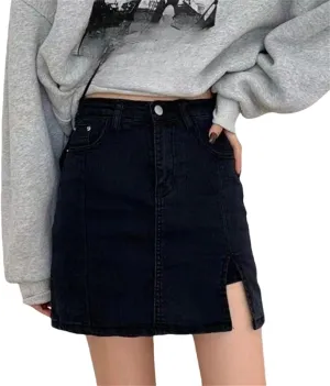 Womens Denim Mini Trendy High Waisted Jean Skirts, Side Slit with Casual Stretch Slim Fit Mini Jean Skirts