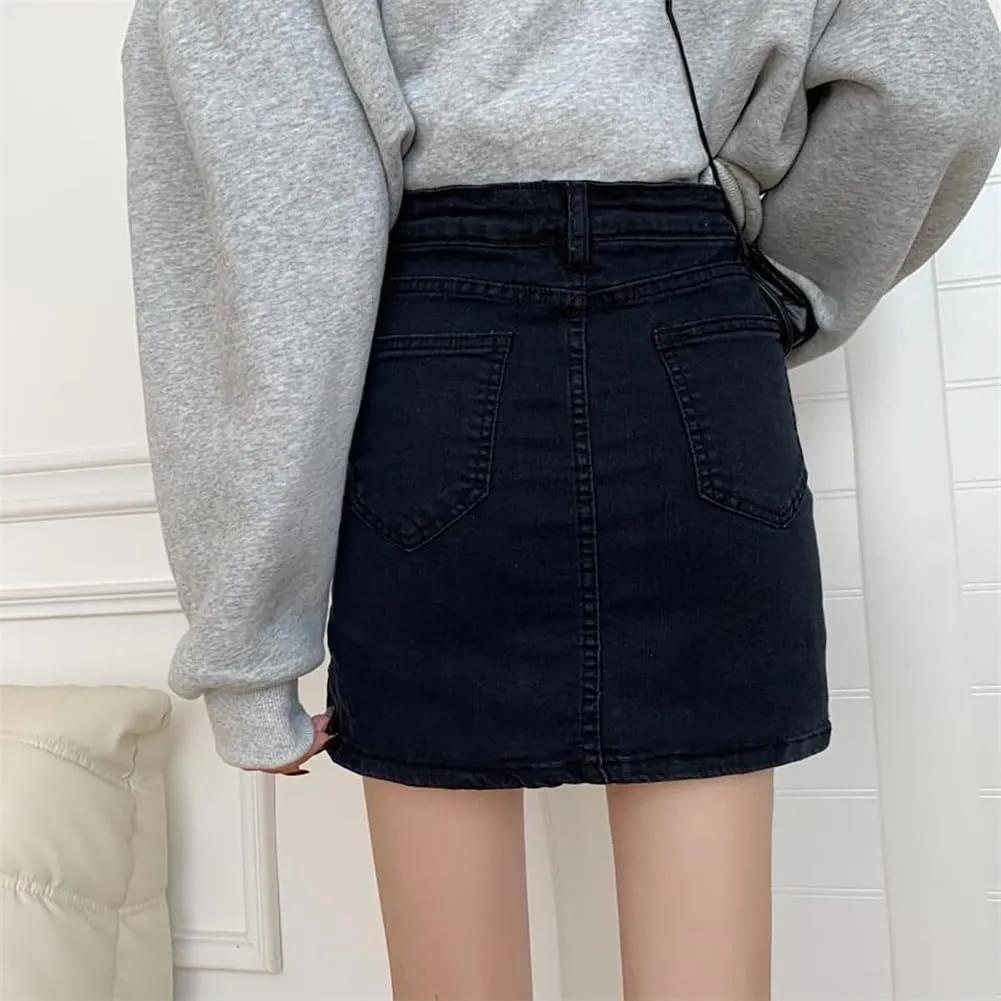 Womens Denim Mini Trendy High Waisted Jean Skirts, Side Slit with Casual Stretch Slim Fit Mini Jean Skirts