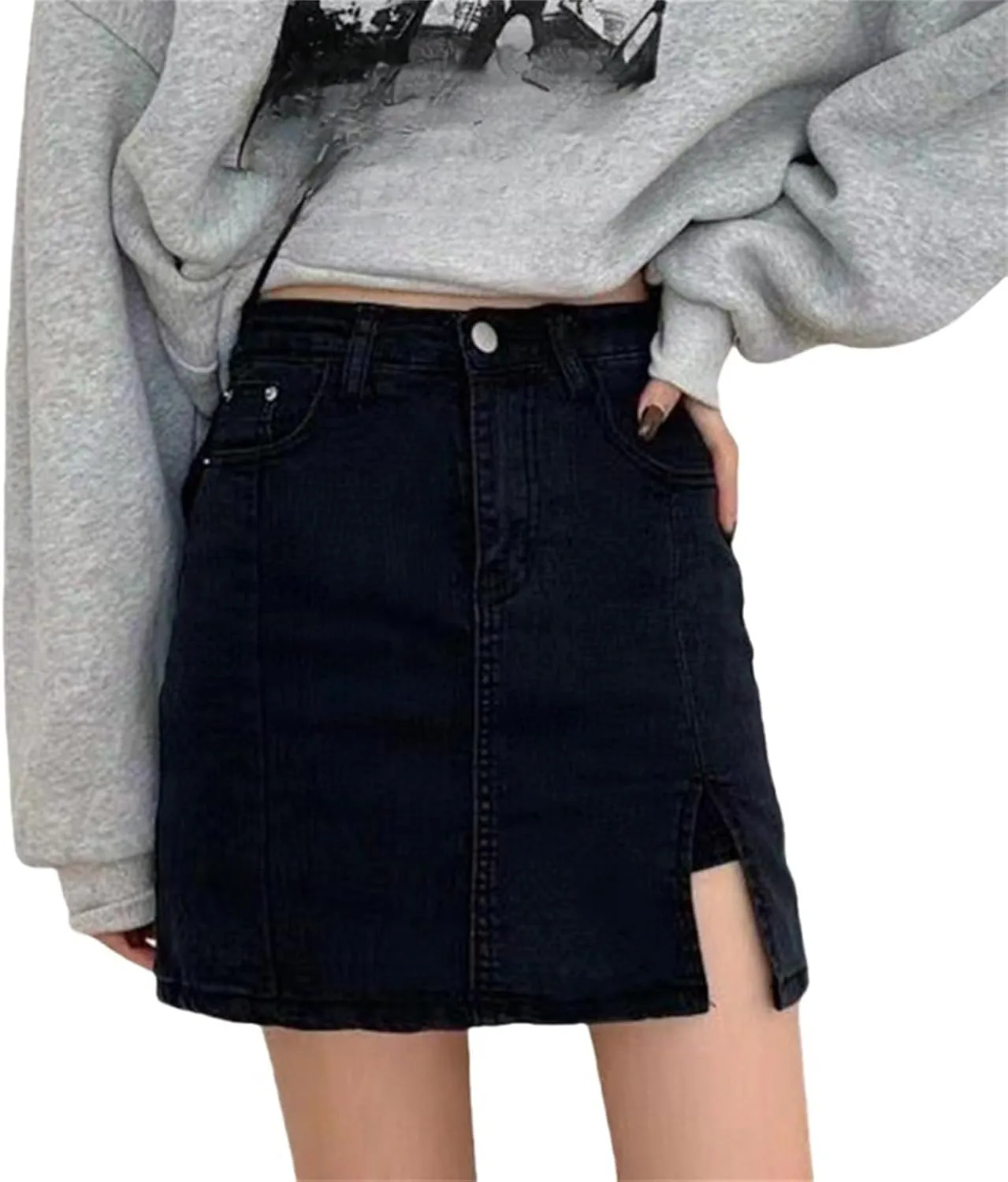 Womens Denim Mini Trendy High Waisted Jean Skirts, Side Slit with Casual Stretch Slim Fit Mini Jean Skirts