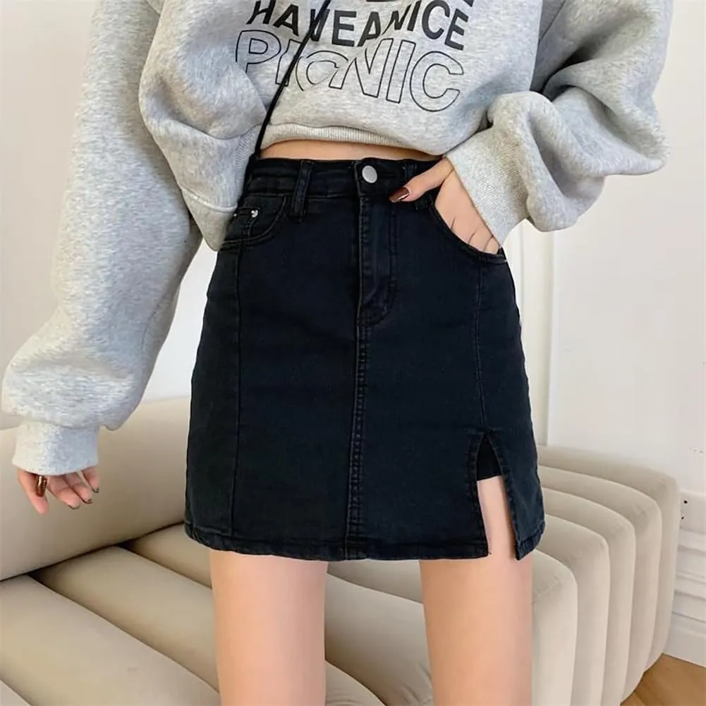 Womens Denim Mini Trendy High Waisted Jean Skirts, Side Slit with Casual Stretch Slim Fit Mini Jean Skirts