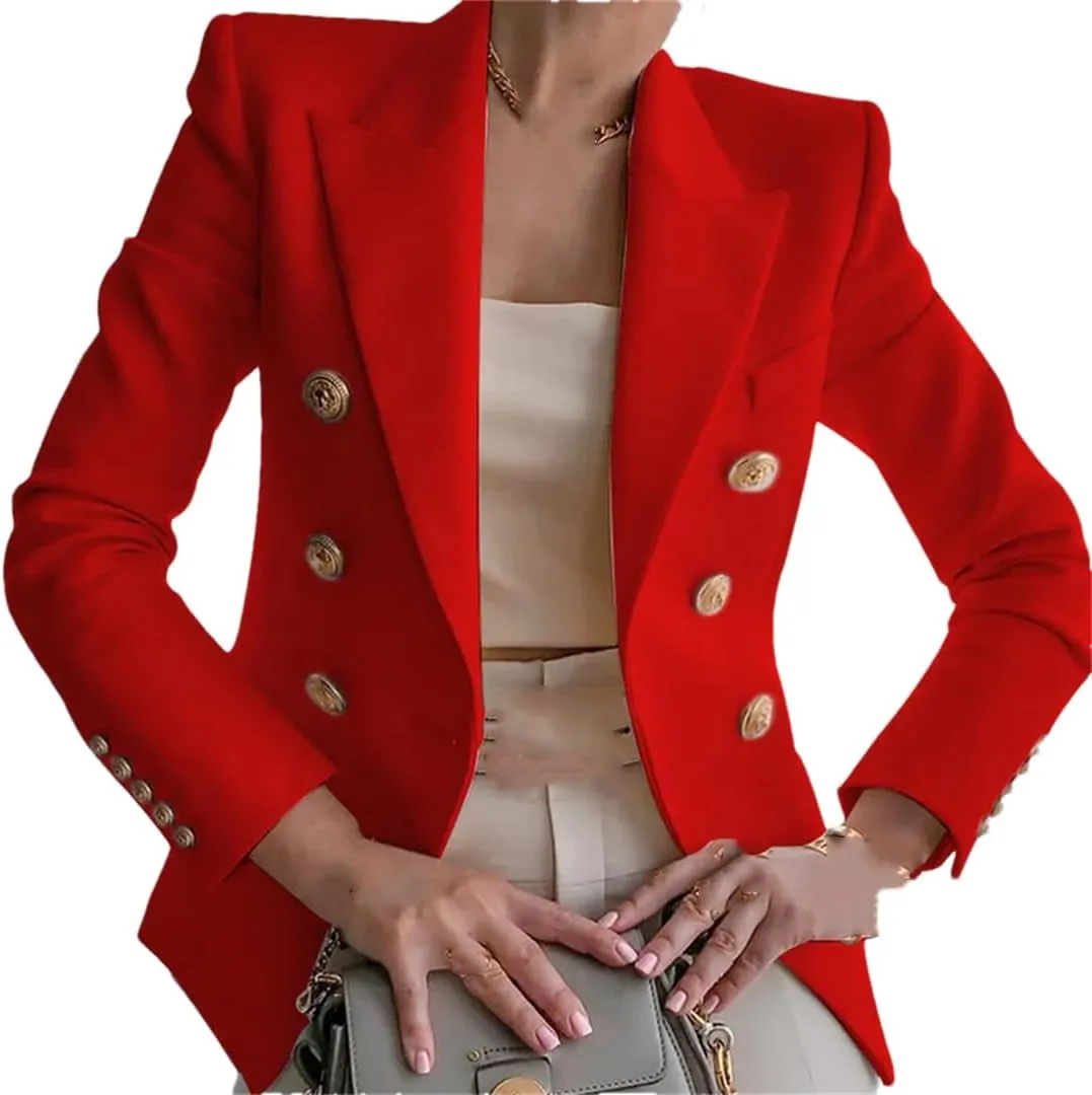 Women's Double Breasted Solid Color Slim Long Sleeve Business Casual Short Jacket Office Blazer