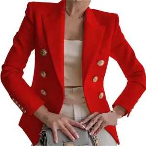 Women's Double Breasted Solid Color Slim Long Sleeve Business Casual Short Jacket Office Blazer