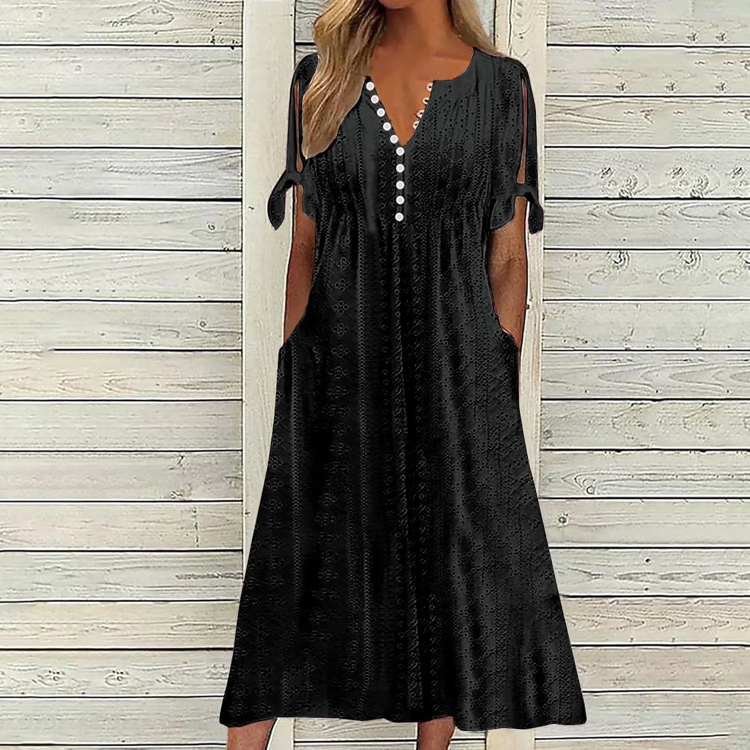 Women's Dresses Casual Eyelet Solid Color Hollow Out V Neck Button Dress Summer Fashion Summer Dress with Pockets