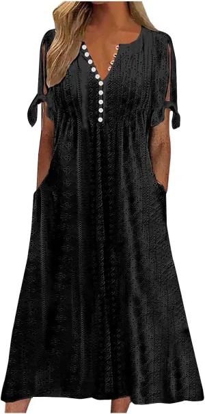 Women's Dresses Casual Eyelet Solid Color Hollow Out V Neck Button Dress Summer Fashion Summer Dress with Pockets
