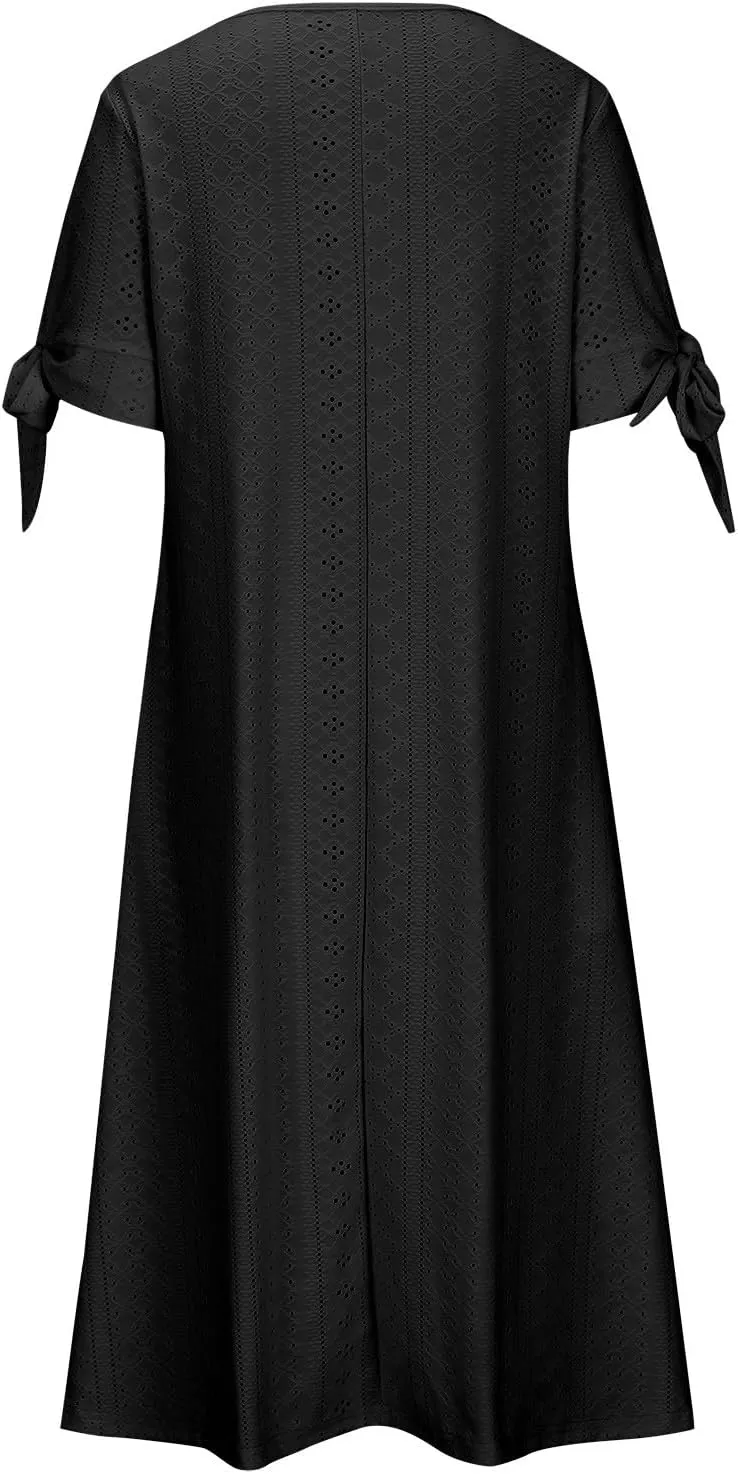 Women's Dresses Casual Eyelet Solid Color Hollow Out V Neck Button Dress Summer Fashion Summer Dress with Pockets