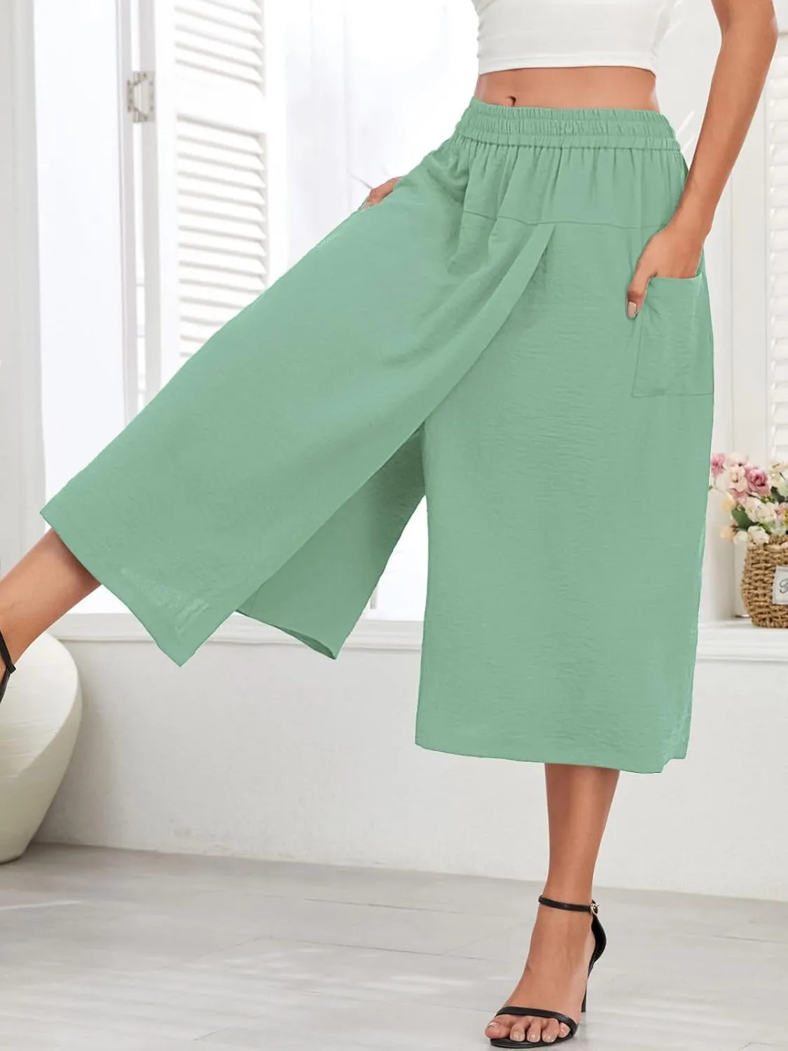 Women's Dressy Casual Skirt Relaxed Fit Flowy Capri Culottes Unique Drape Skirts Pants with 2 Pockets