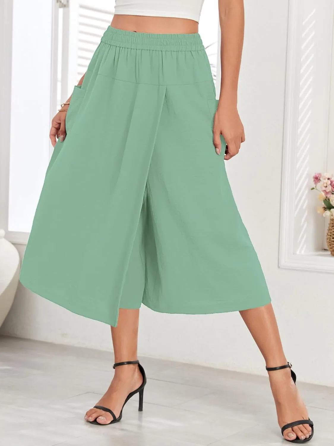 Women's Dressy Casual Skirt Relaxed Fit Flowy Capri Culottes Unique Drape Skirts Pants with 2 Pockets