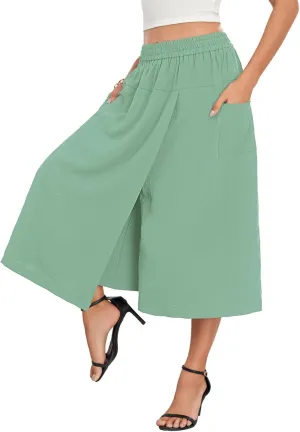 Women's Dressy Casual Skirt Relaxed Fit Flowy Capri Culottes Unique Drape Skirts Pants with 2 Pockets