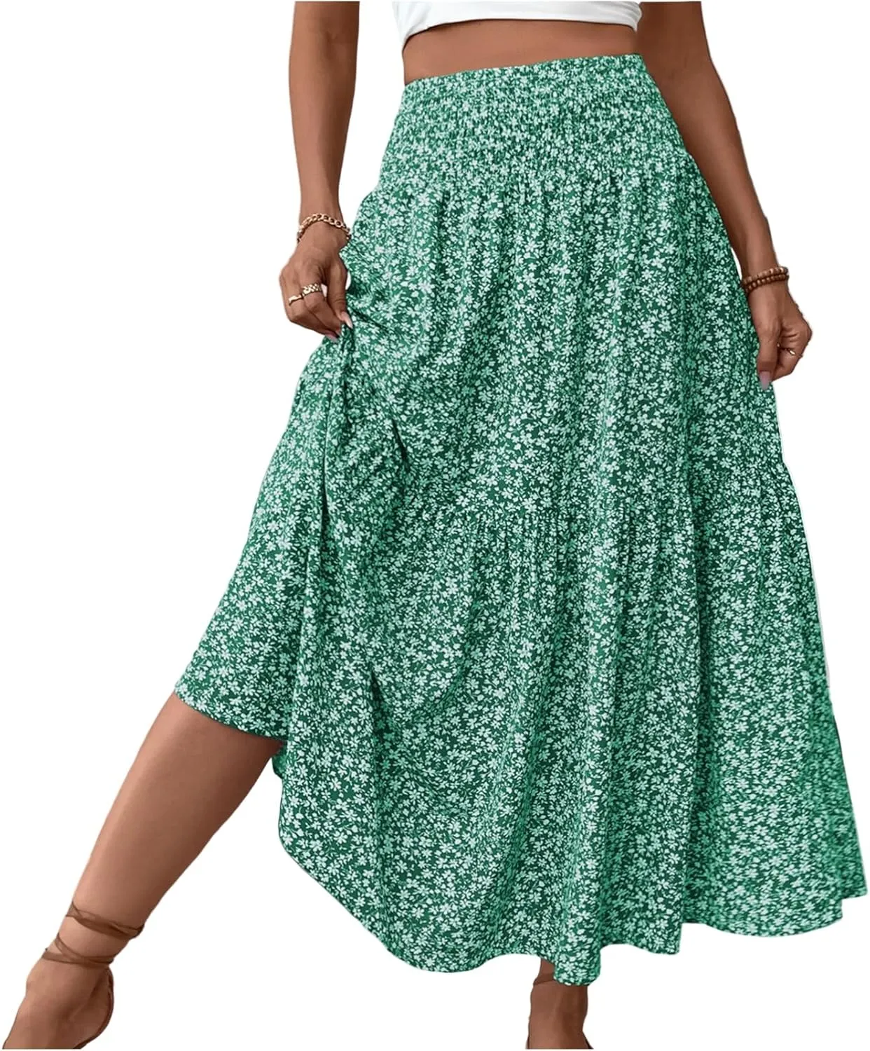 Womens Floral Maxi Skirt A Line Tiered Long Flowy Skirts with Pockets Casual Smocked High Waisted Boho Beach Skirts