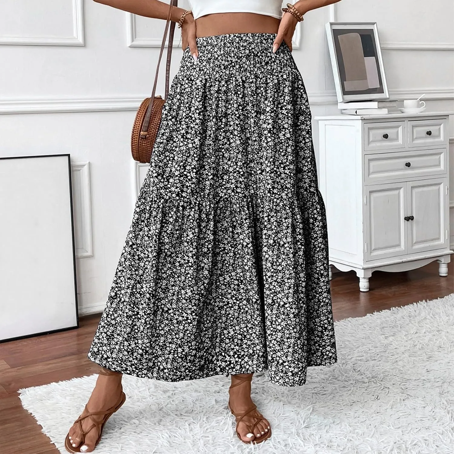 Womens Floral Maxi Skirt A Line Tiered Long Flowy Skirts with Pockets Casual Smocked High Waisted Boho Beach Skirts
