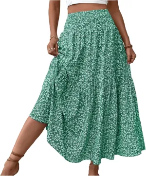 Womens Floral Maxi Skirt A Line Tiered Long Flowy Skirts with Pockets Casual Smocked High Waisted Boho Beach Skirts