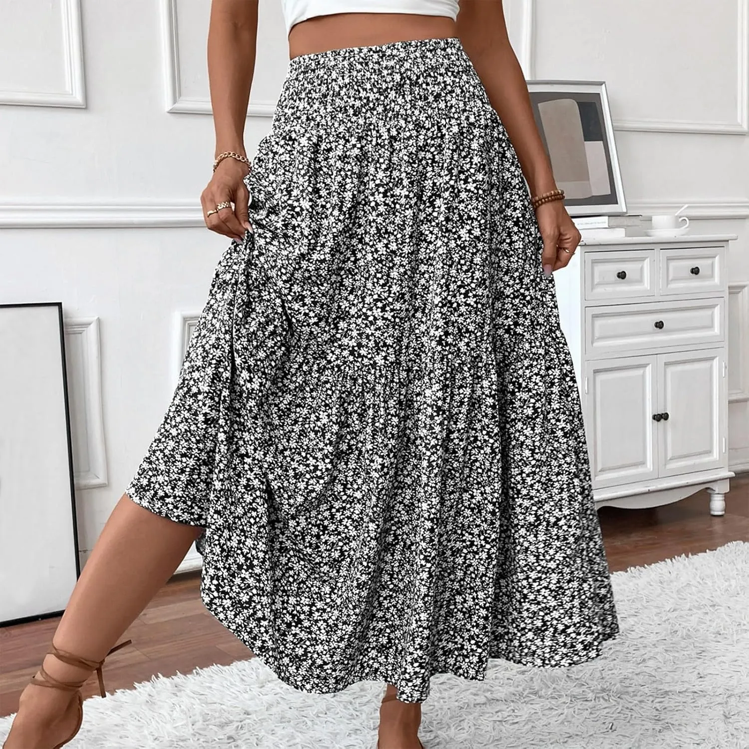 Womens Floral Maxi Skirt A Line Tiered Long Flowy Skirts with Pockets Casual Smocked High Waisted Boho Beach Skirts