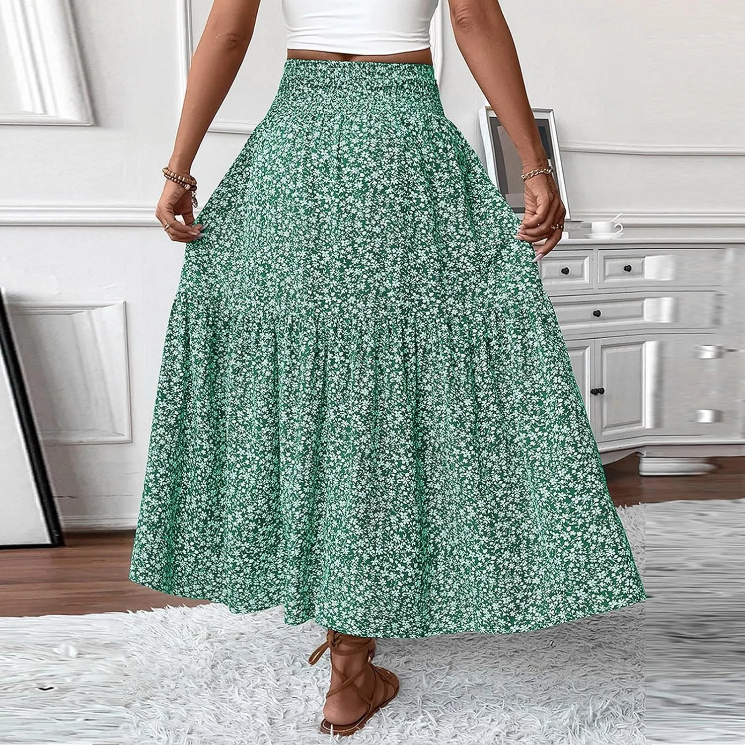 Womens Floral Maxi Skirt A Line Tiered Long Flowy Skirts with Pockets Casual Smocked High Waisted Boho Beach Skirts