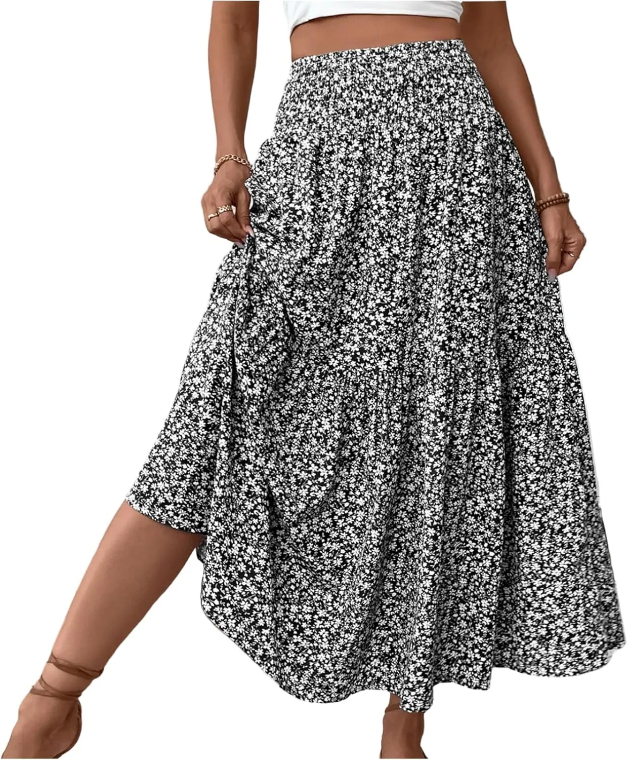 Womens Floral Maxi Skirt A Line Tiered Long Flowy Skirts with Pockets Casual Smocked High Waisted Boho Beach Skirts