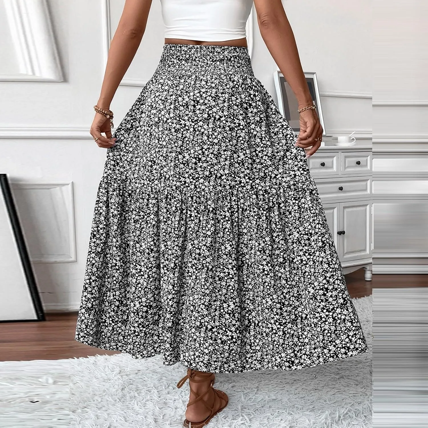 Womens Floral Maxi Skirt A Line Tiered Long Flowy Skirts with Pockets Casual Smocked High Waisted Boho Beach Skirts