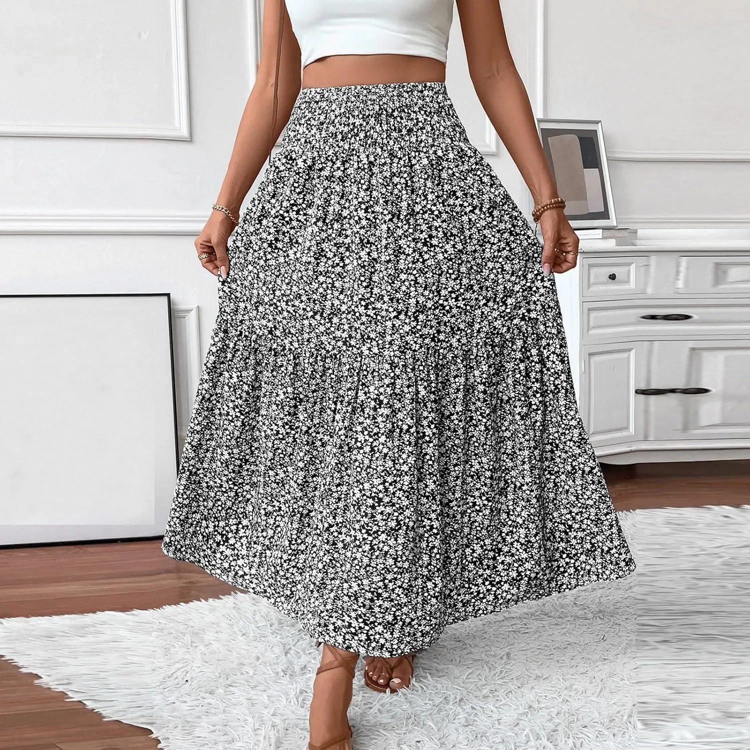 Womens Floral Maxi Skirt A Line Tiered Long Flowy Skirts with Pockets Casual Smocked High Waisted Boho Beach Skirts