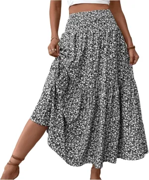Womens Floral Maxi Skirt A Line Tiered Long Flowy Skirts with Pockets Casual Smocked High Waisted Boho Beach Skirts
