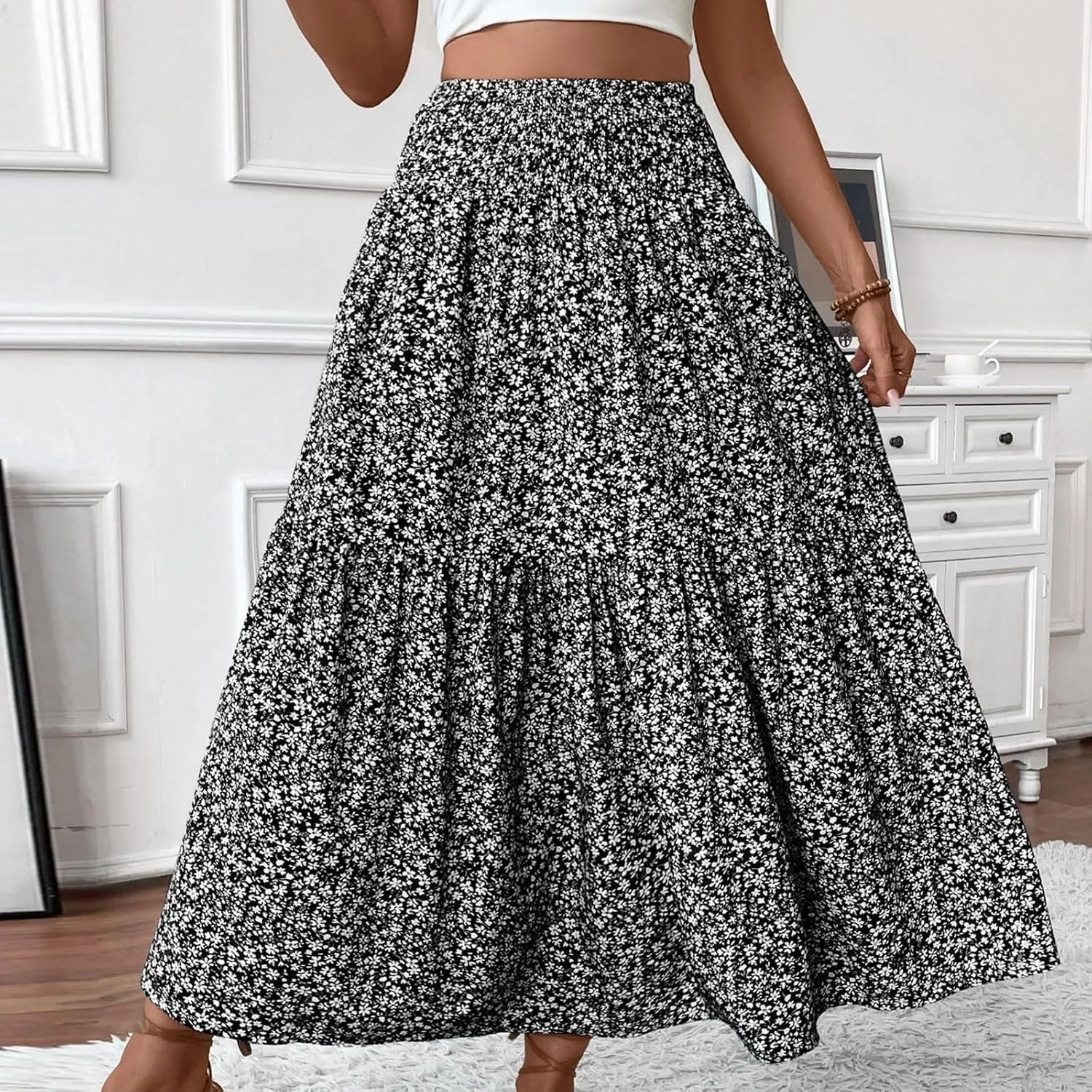 Womens Floral Maxi Skirt A Line Tiered Long Flowy Skirts with Pockets Casual Smocked High Waisted Boho Beach Skirts