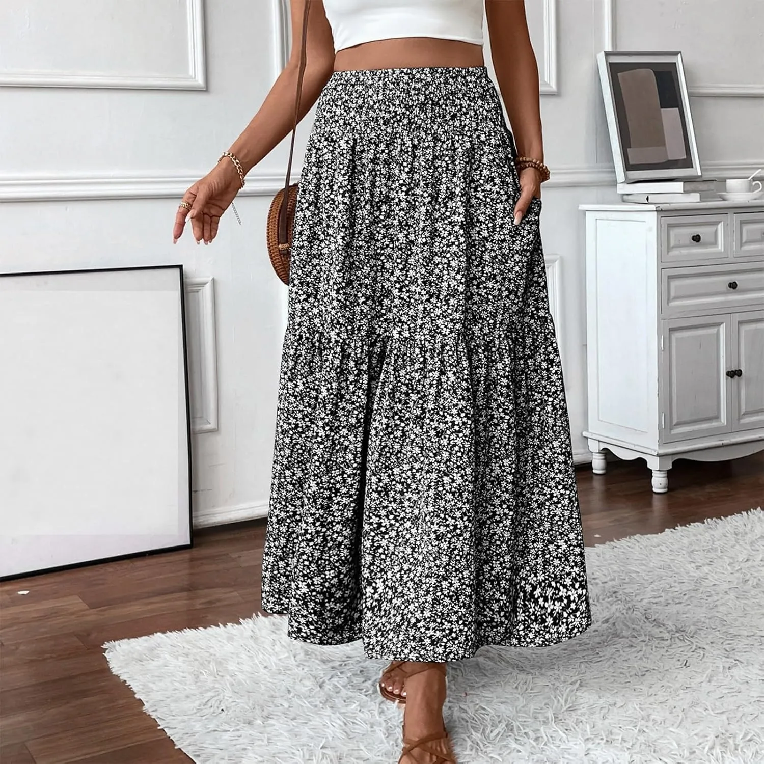 Womens Floral Maxi Skirt A Line Tiered Long Flowy Skirts with Pockets Casual Smocked High Waisted Boho Beach Skirts