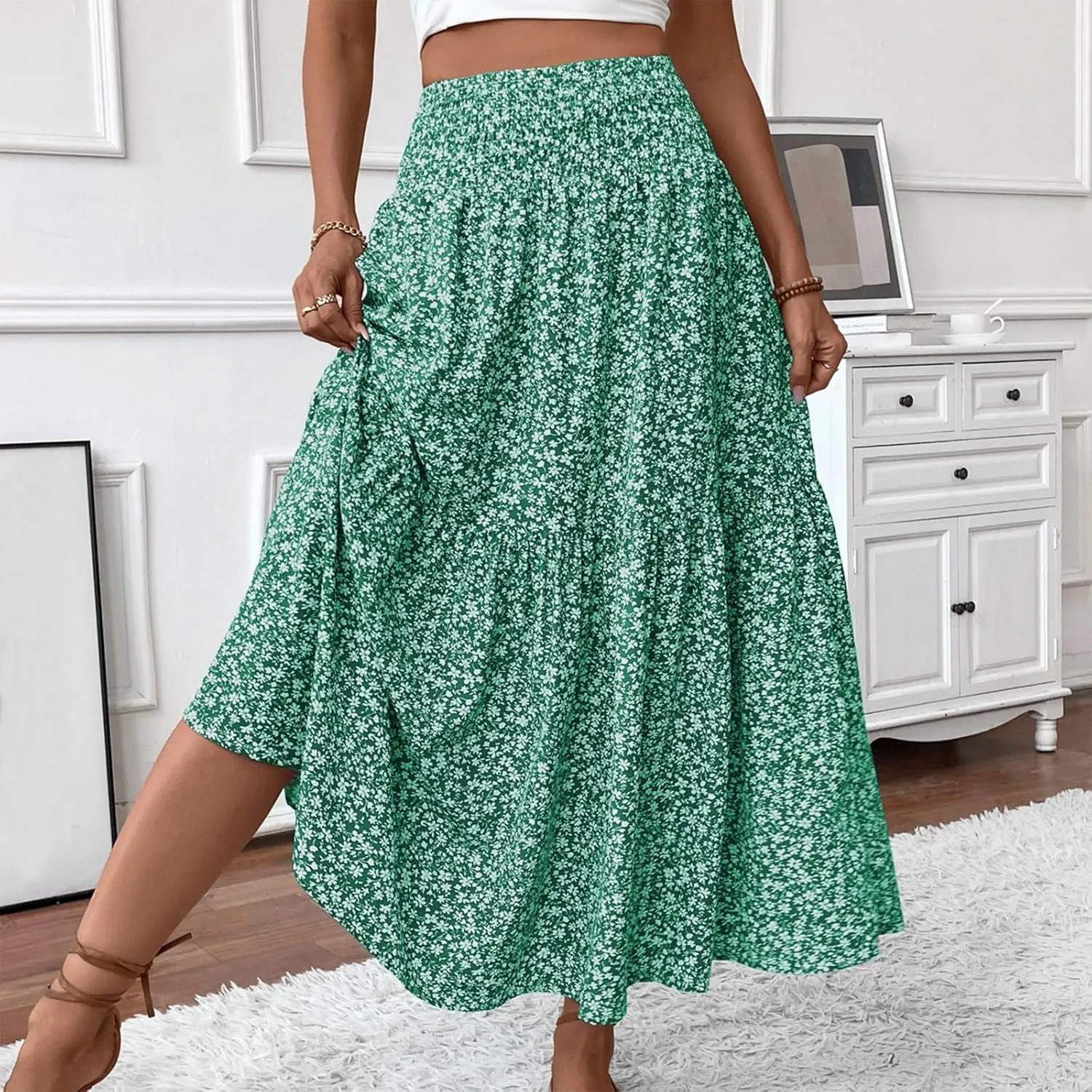 Womens Floral Maxi Skirt A Line Tiered Long Flowy Skirts with Pockets Casual Smocked High Waisted Boho Beach Skirts