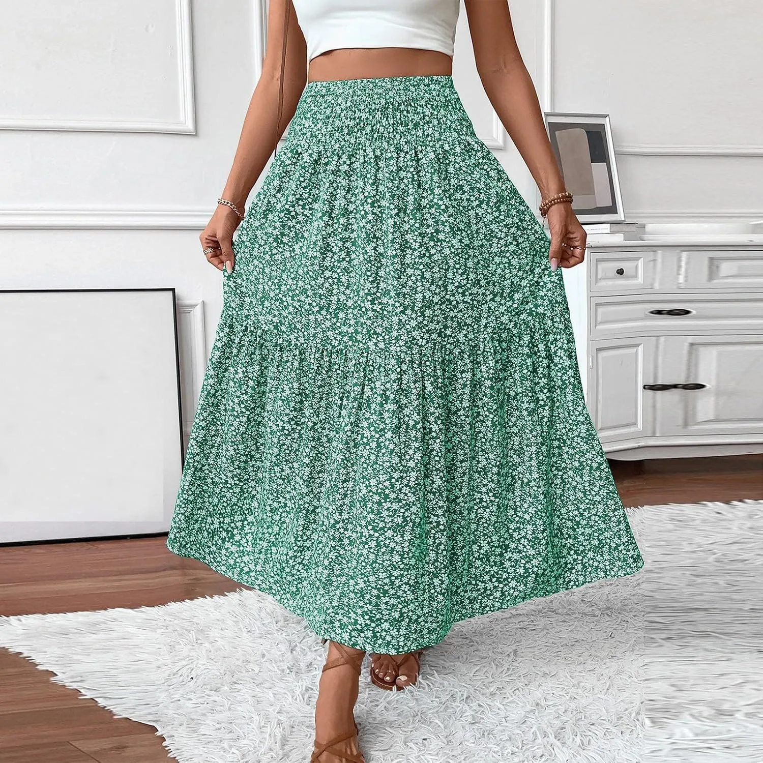 Womens Floral Maxi Skirt A Line Tiered Long Flowy Skirts with Pockets Casual Smocked High Waisted Boho Beach Skirts