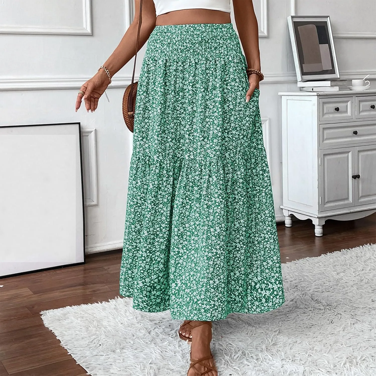 Womens Floral Maxi Skirt A Line Tiered Long Flowy Skirts with Pockets Casual Smocked High Waisted Boho Beach Skirts