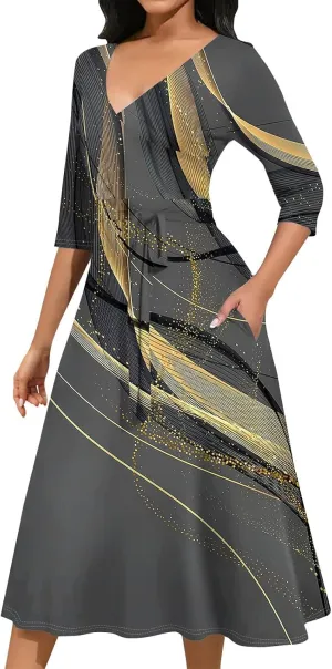 Womens Formal Long Sleeve Midi Dress Trendy Plus Size Sexy V Neck Elegant Smocked Flowy A Line Dresses with Pockets
