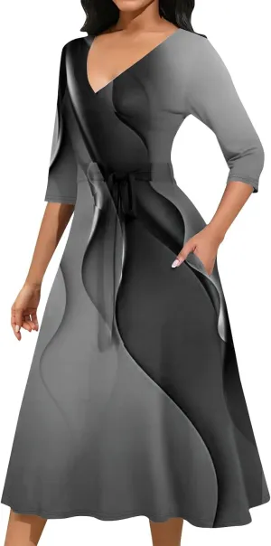 Womens Formal Long Sleeve Midi Dress Trendy Plus Size Sexy V Neck Elegant Smocked Flowy A Line Dresses with Pockets