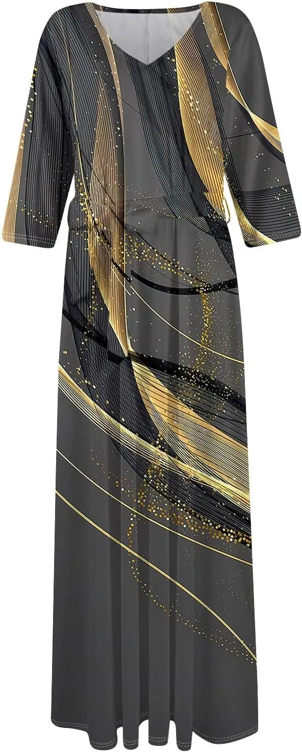 Womens Formal Long Sleeve Midi Dress Trendy Plus Size Sexy V Neck Elegant Smocked Flowy A Line Dresses with Pockets