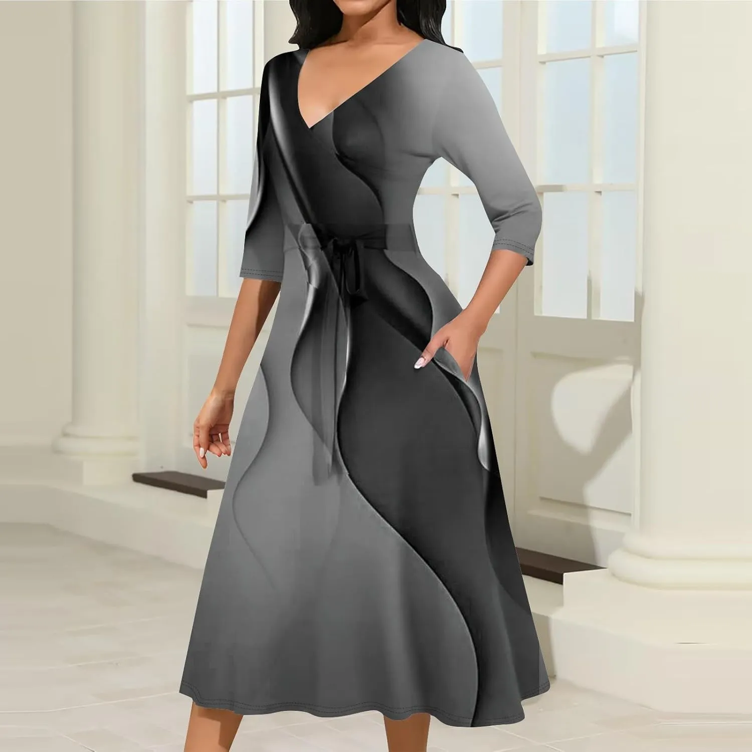 Womens Formal Long Sleeve Midi Dress Trendy Plus Size Sexy V Neck Elegant Smocked Flowy A Line Dresses with Pockets