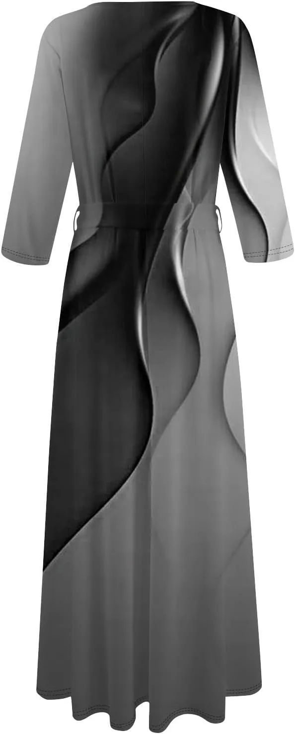 Womens Formal Long Sleeve Midi Dress Trendy Plus Size Sexy V Neck Elegant Smocked Flowy A Line Dresses with Pockets