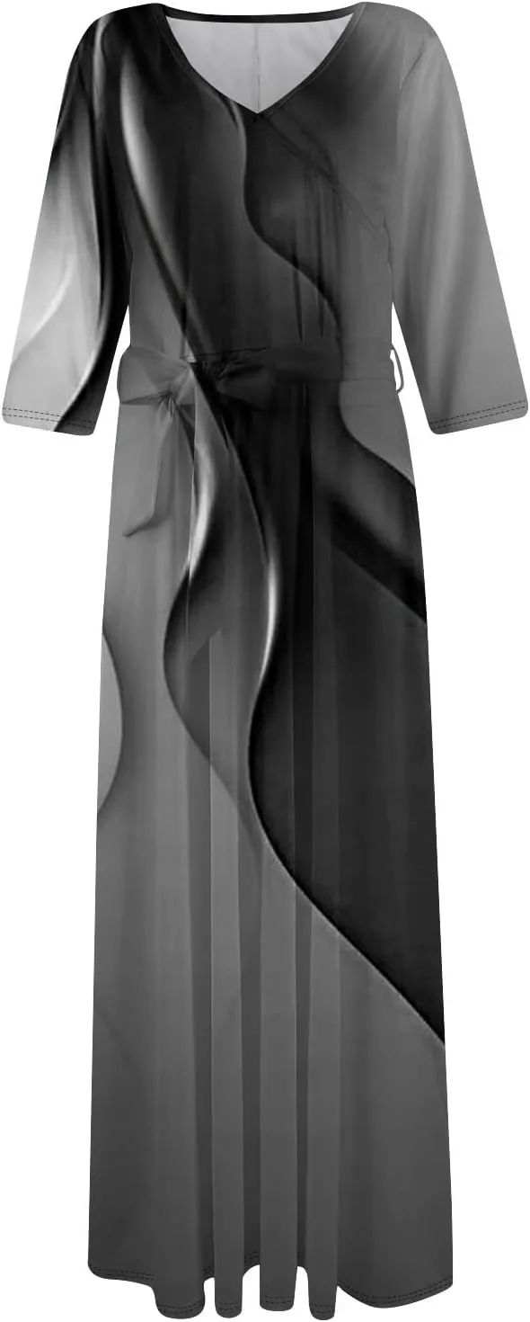 Womens Formal Long Sleeve Midi Dress Trendy Plus Size Sexy V Neck Elegant Smocked Flowy A Line Dresses with Pockets