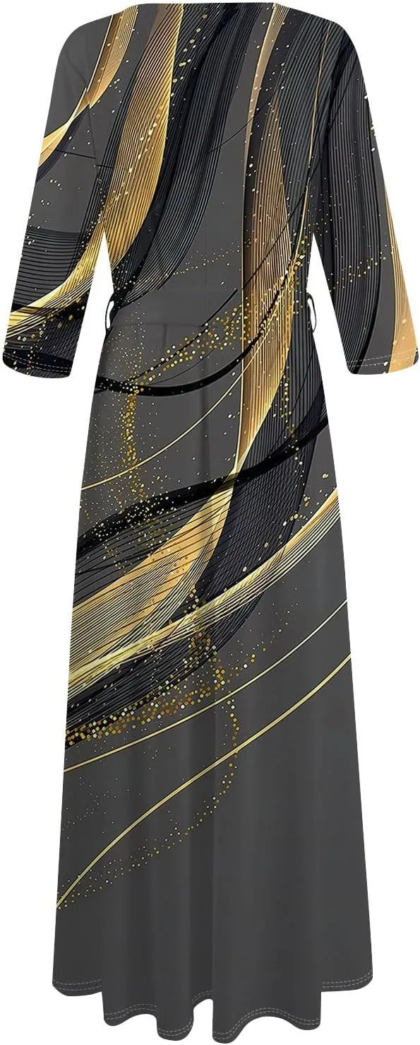 Womens Formal Long Sleeve Midi Dress Trendy Plus Size Sexy V Neck Elegant Smocked Flowy A Line Dresses with Pockets