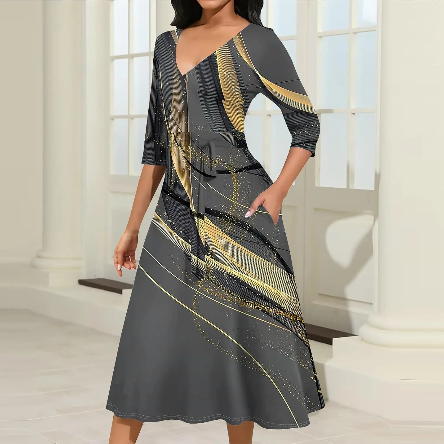 Womens Formal Long Sleeve Midi Dress Trendy Plus Size Sexy V Neck Elegant Smocked Flowy A Line Dresses with Pockets