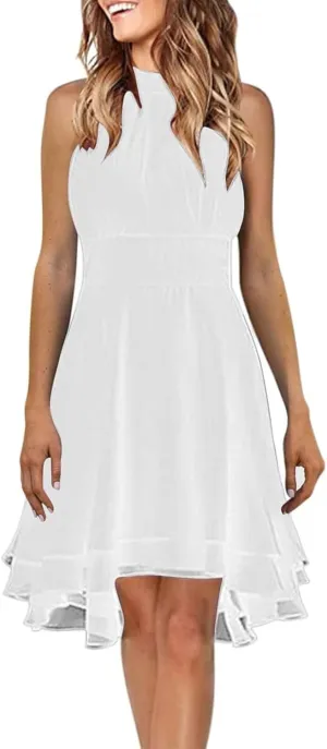 Womens Formal Off Shoulder Chiffon Halter Dresses Trendy Plus Size Sexy Sleeveless Smocked Flowy Elegant Midi Dress