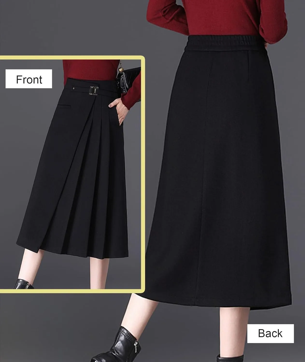 Womens High Waist Irregular A-Line Wool Skirt Winter Elastic Waist Pleated Midi Skirt for Casual Work