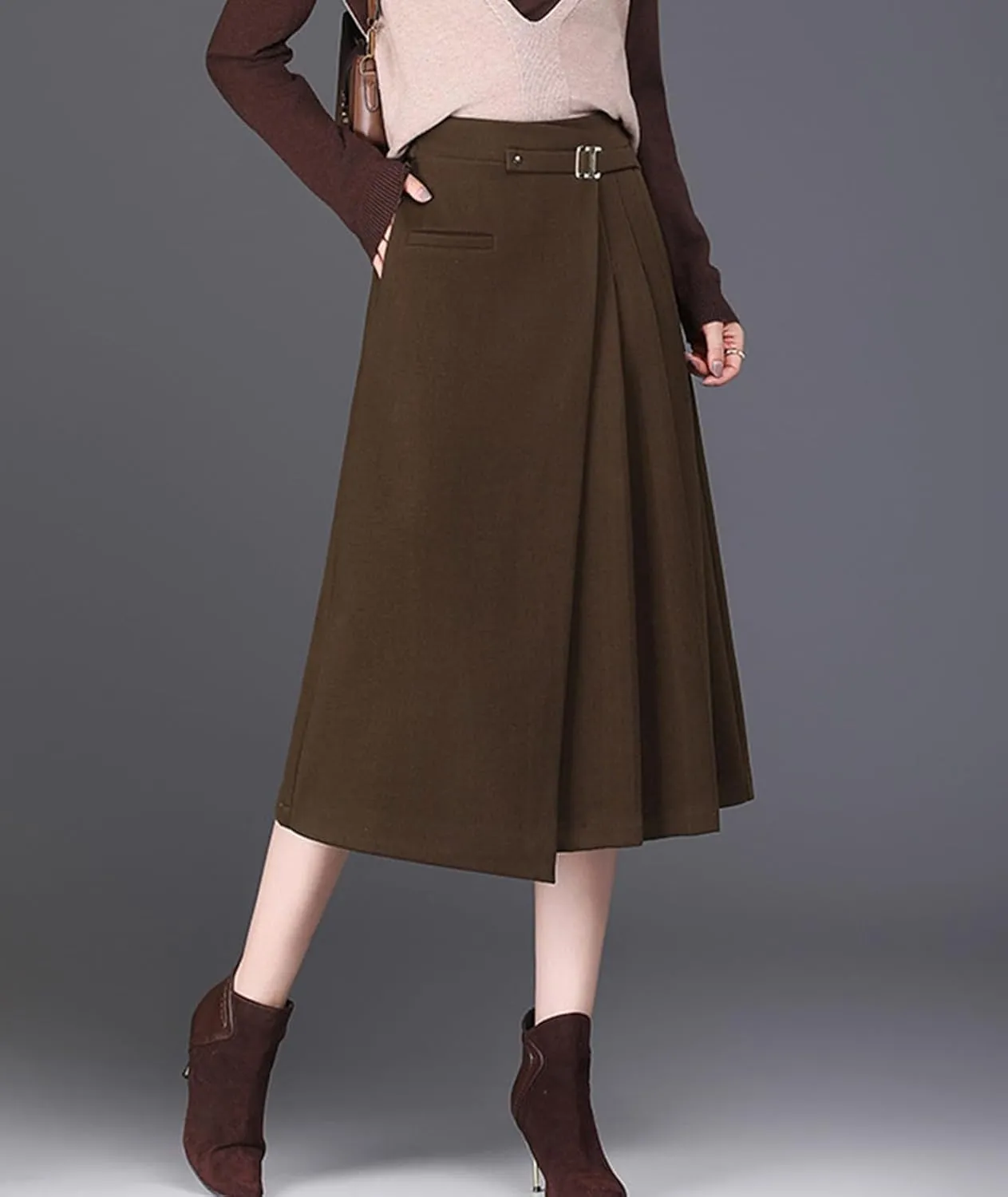Womens High Waist Irregular A-Line Wool Skirt Winter Elastic Waist Pleated Midi Skirt for Casual Work