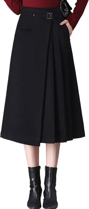 Womens High Waist Irregular A-Line Wool Skirt Winter Elastic Waist Pleated Midi Skirt for Casual Work