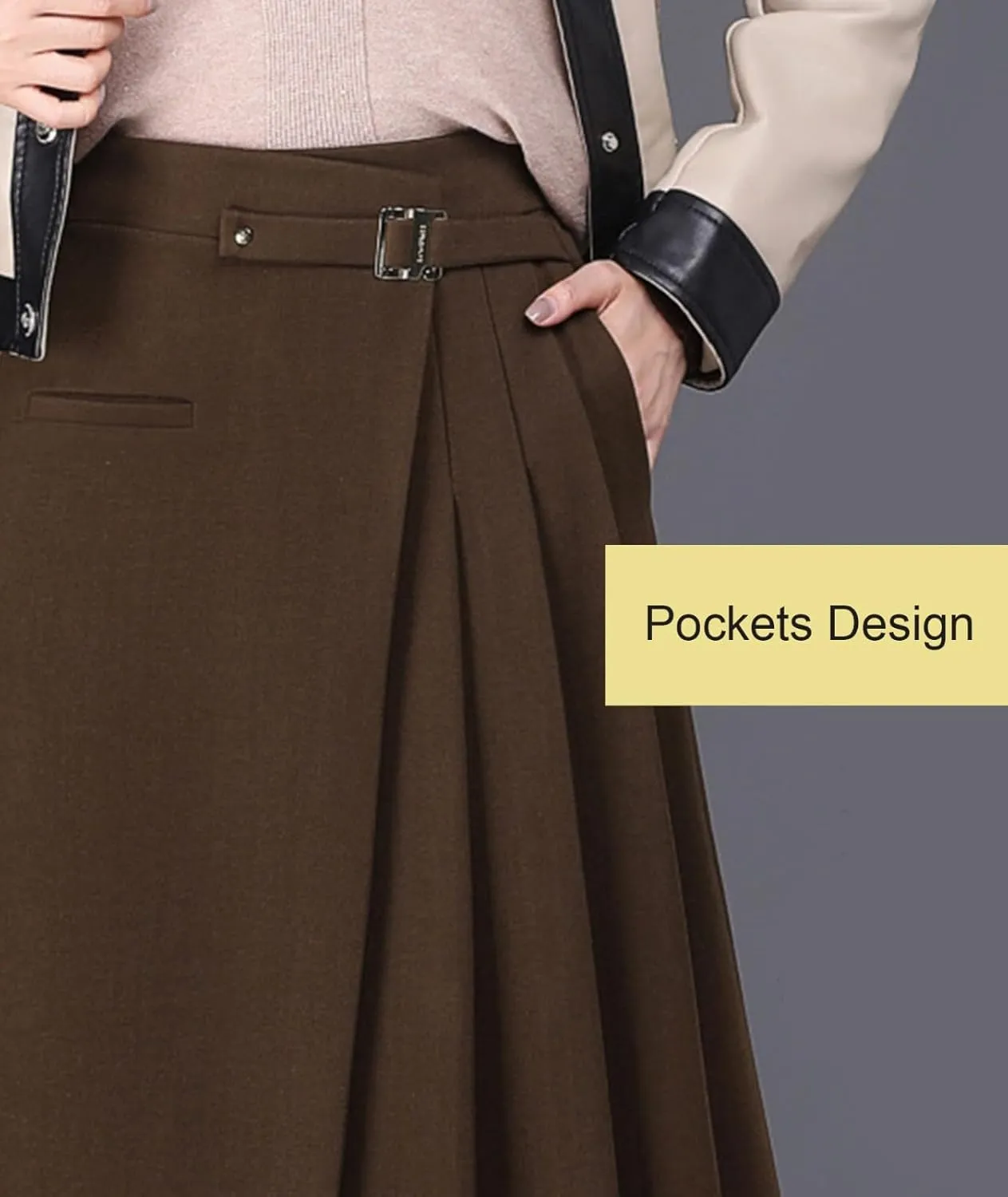 Womens High Waist Irregular A-Line Wool Skirt Winter Elastic Waist Pleated Midi Skirt for Casual Work