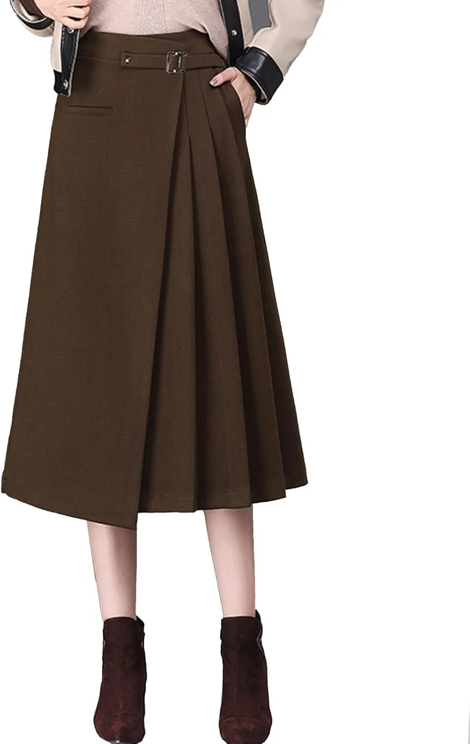Womens High Waist Irregular A-Line Wool Skirt Winter Elastic Waist Pleated Midi Skirt for Casual Work